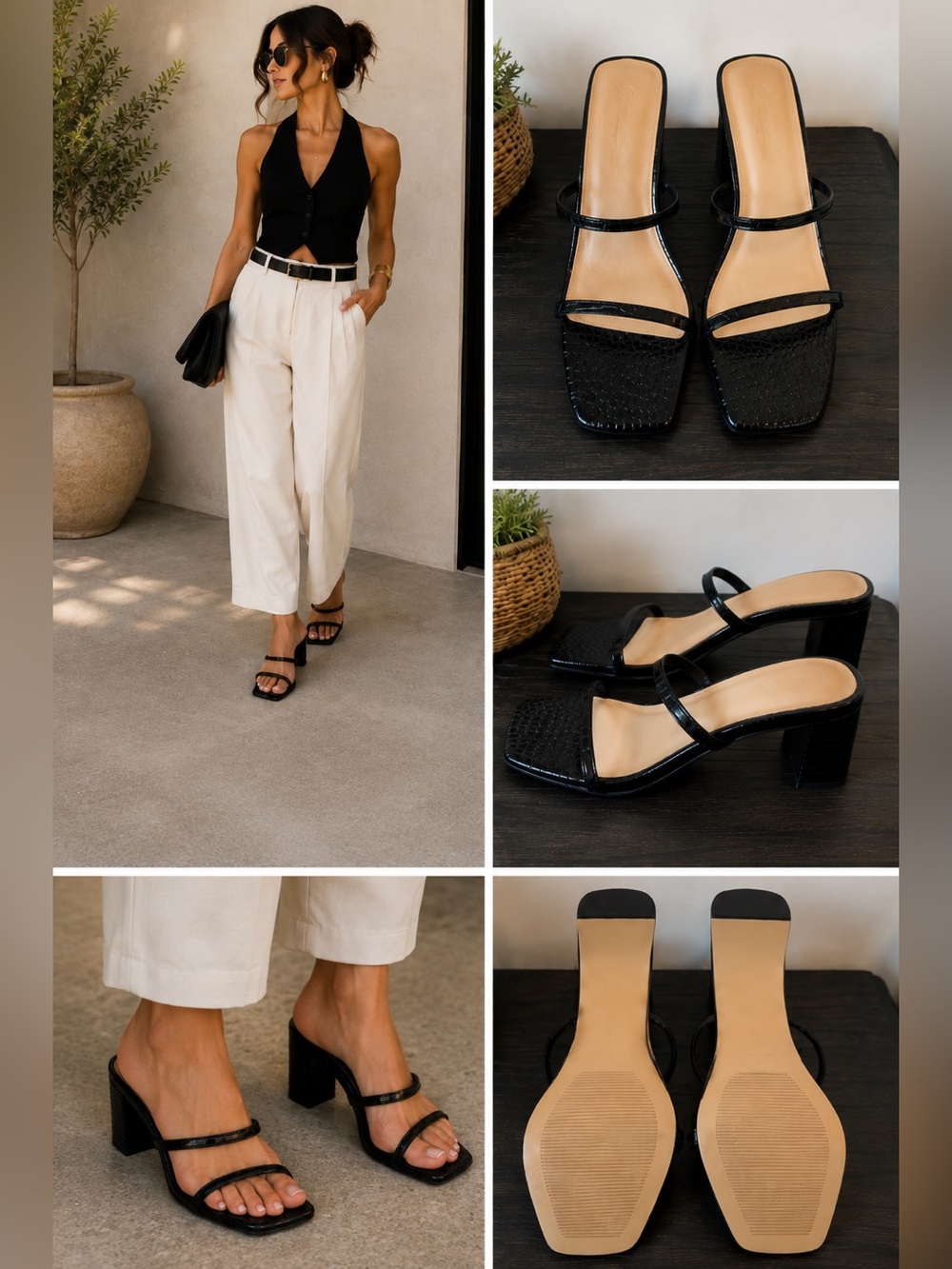 Black Double-Strap Block Heel Sandals for Women Size 7